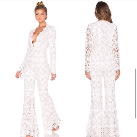 Stone Cold Fox Pants - Stone Cold Fox White Crochet Lace Flare Jumpsuit with Deep V
